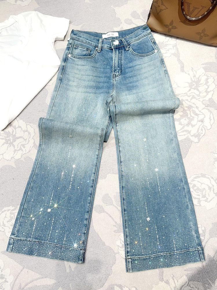 【四叶草】高腰水洗休闲风慵懒风烫钻牛仔裤时尚休闲微喇百搭8562