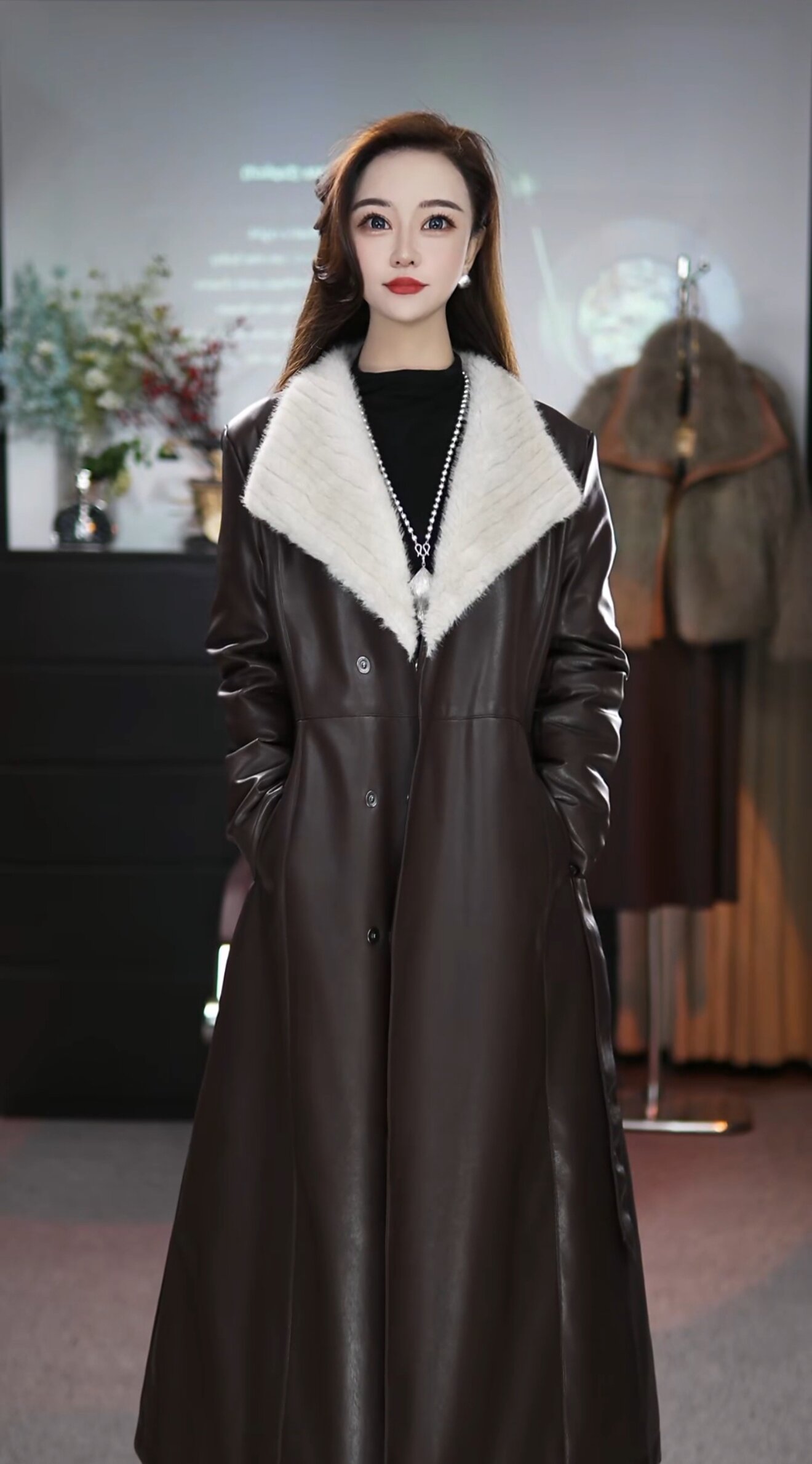 冬季新款海宁女士中长款鹅绒韩版修身时尚过年加绒加厚皮衣外套