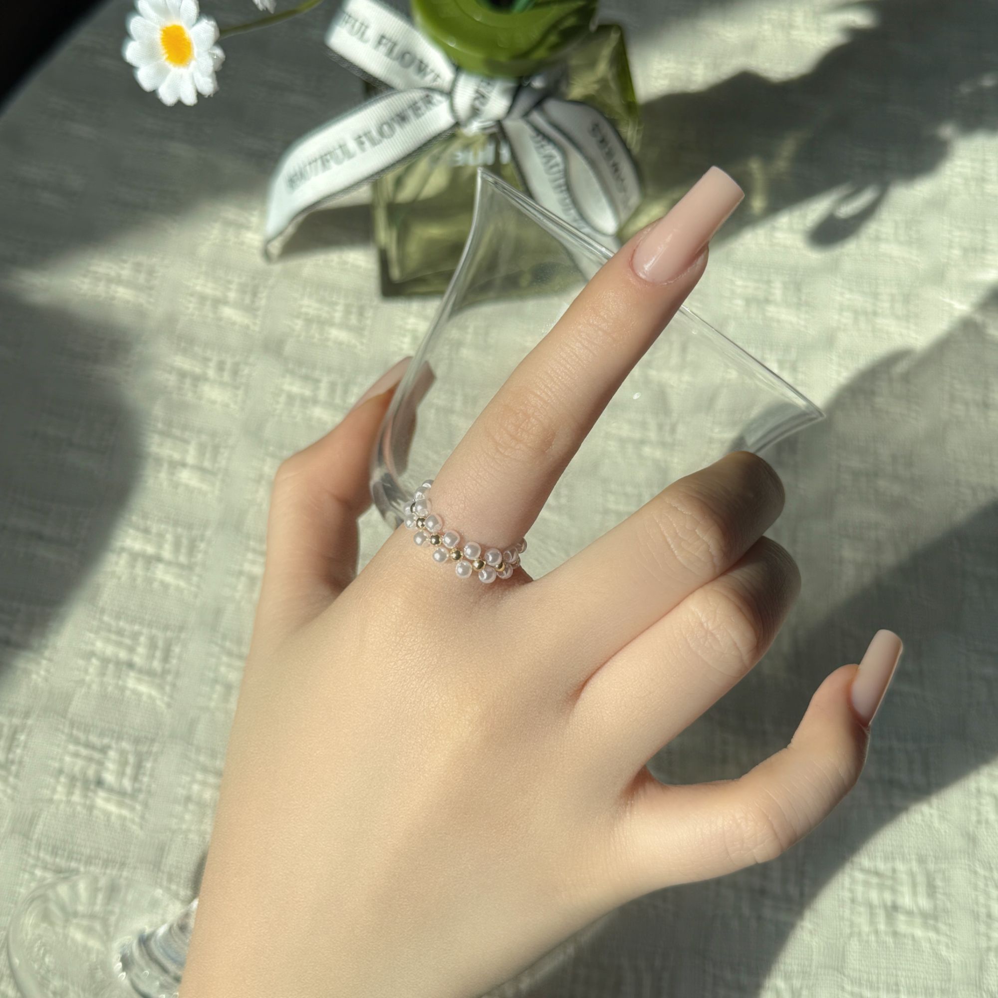 合金戒指 ins百搭气质弹力绳双层珍珠时尚简约精致