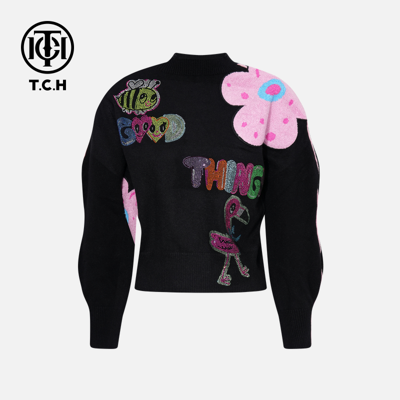 TCH【柔软舒适】秋冬时尚烫钻休闲风女装针织衫T75D09E1125私服tch