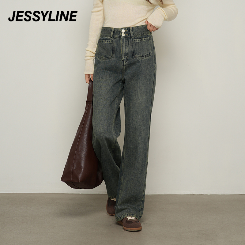 jessyline2025秋季新款 杰茜莱时尚百搭显瘦直筒牛仔长裤女休闲裤