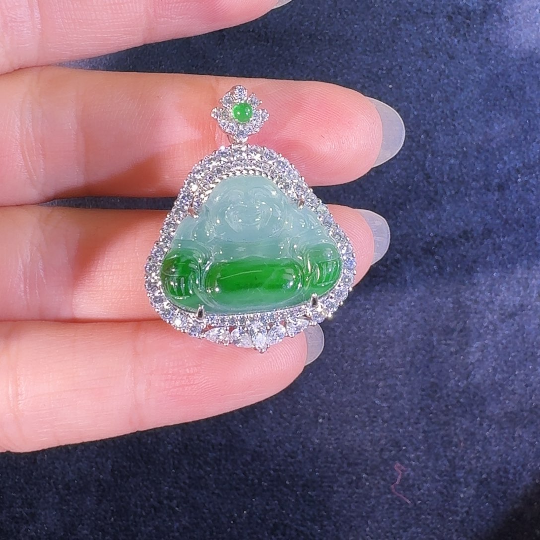 翡翠吊坠(不含链)银S925镶嵌佛公