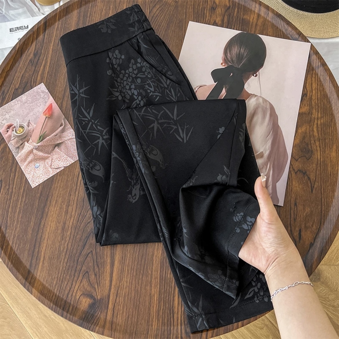 新款国风新中式提花高腰百搭显瘦小脚直筒休闲裤  1735