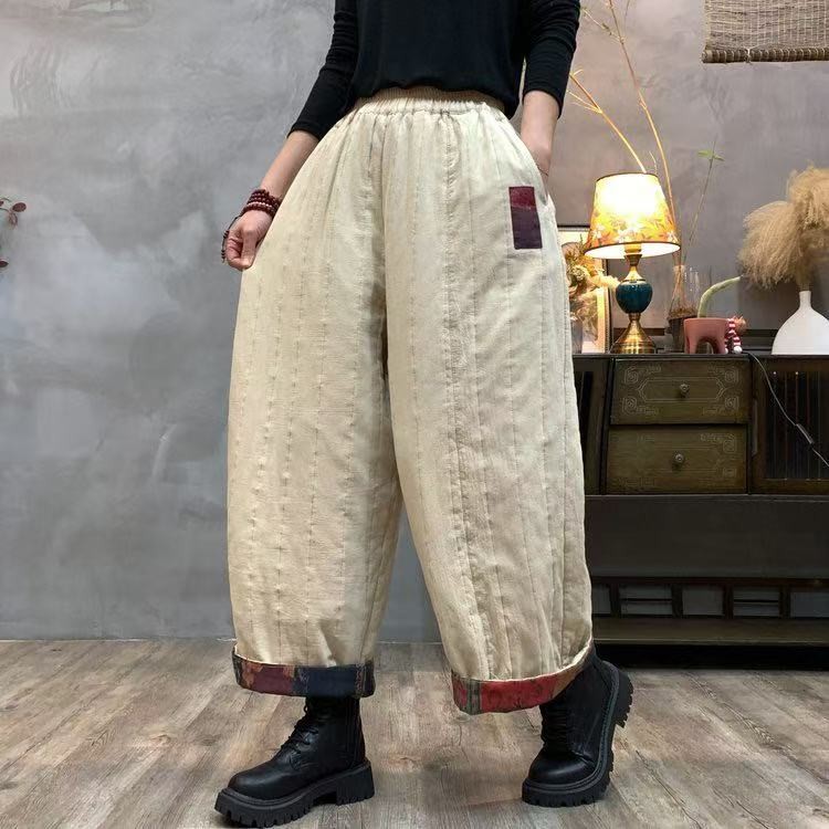 加厚款阔版萝卜裤女2025新款麻料九分保暖显瘦洋气直筒棉裤子