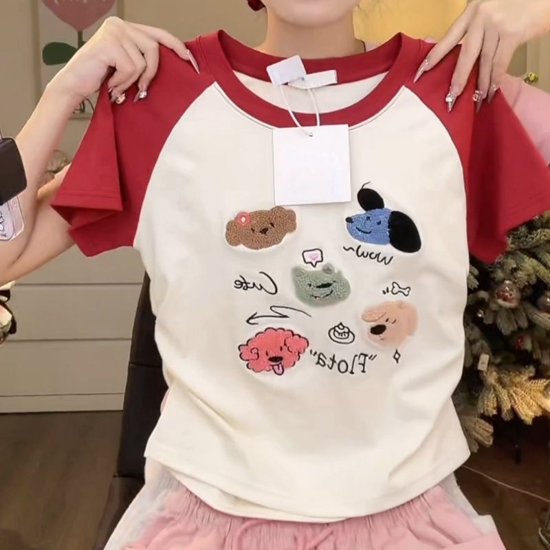 2025夏季正肩短袖女植绒刺绣撞色抽褶修身显瘦t恤