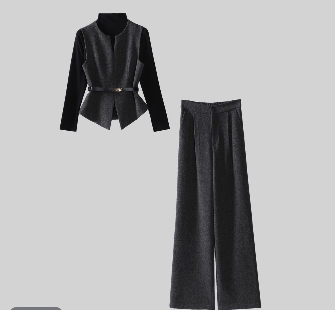 【A9416】时尚套装女秋冬新款显瘦马甲外套针织打底衫阔腿裤三件套