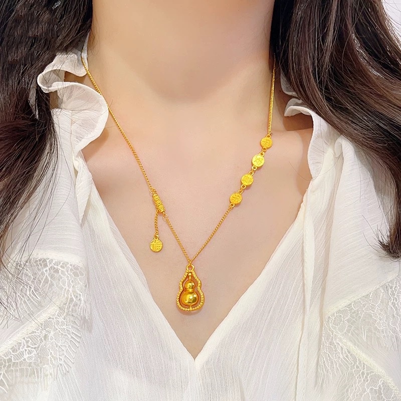 铜合金项链 古法葫芦平安喜乐项链锁骨链镂空福禄福牌颈链送女友