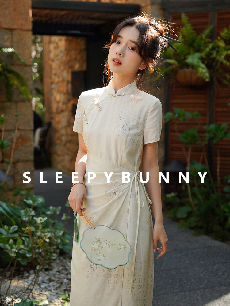 H瞌睡兔【清苍】云水谣短袖印花连衣裙新中式国风气质旗袍裙241910