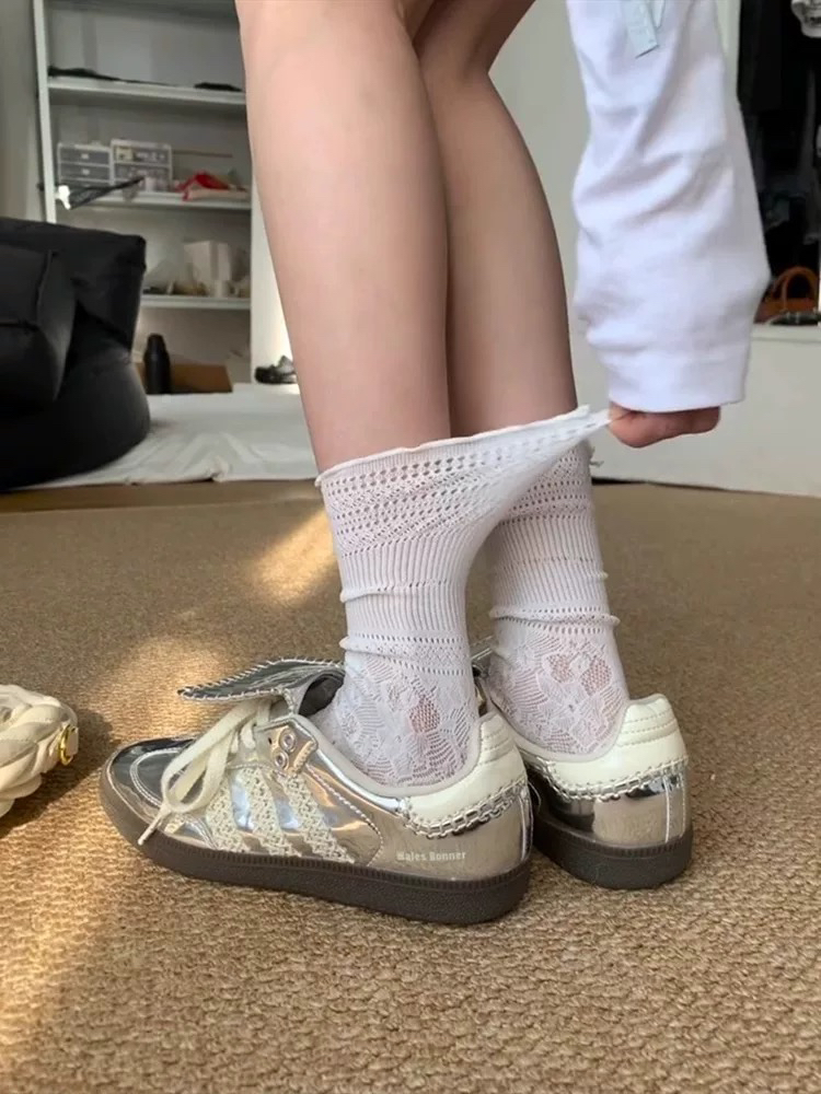 miu白色镂空蕾丝袜子女花边中筒jk堆堆袜甜美芭蕾风小腿袜薄款夏