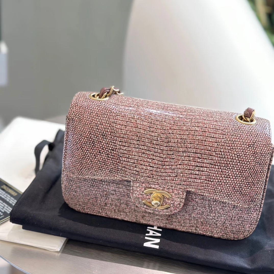 95新 Chanel/香奈儿 夏七中古/限定 蔷薇粉蜥蜴皮大mini单肩包