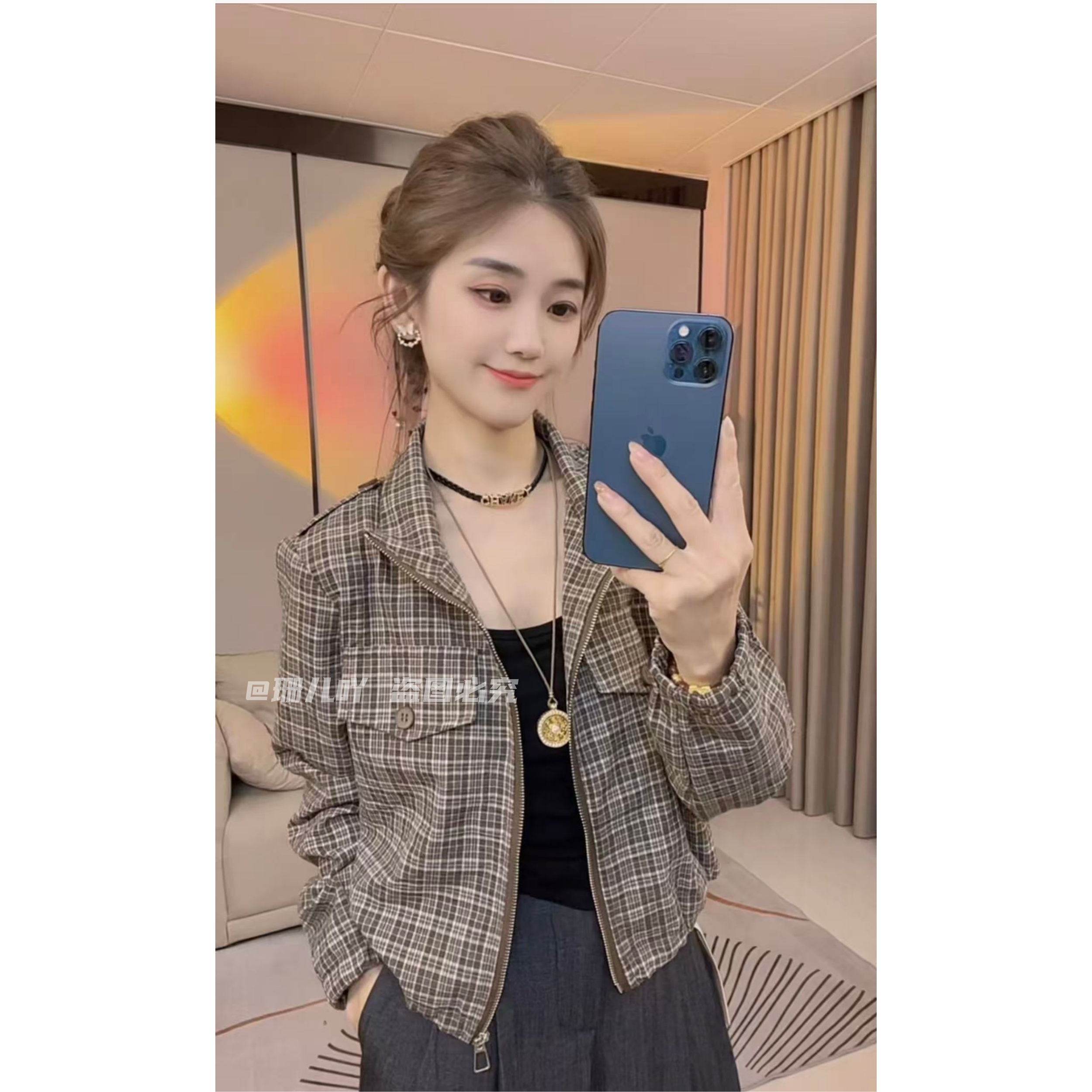 2025秋季新款时尚立领经典小格长袖设计感衬衣休闲百搭女士短外套