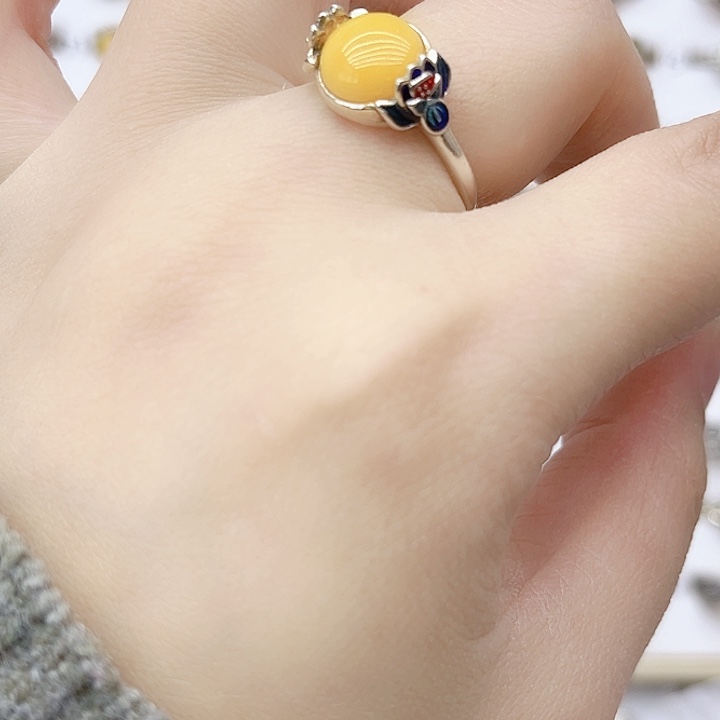 蜜蜡戒指银S925镶嵌天然