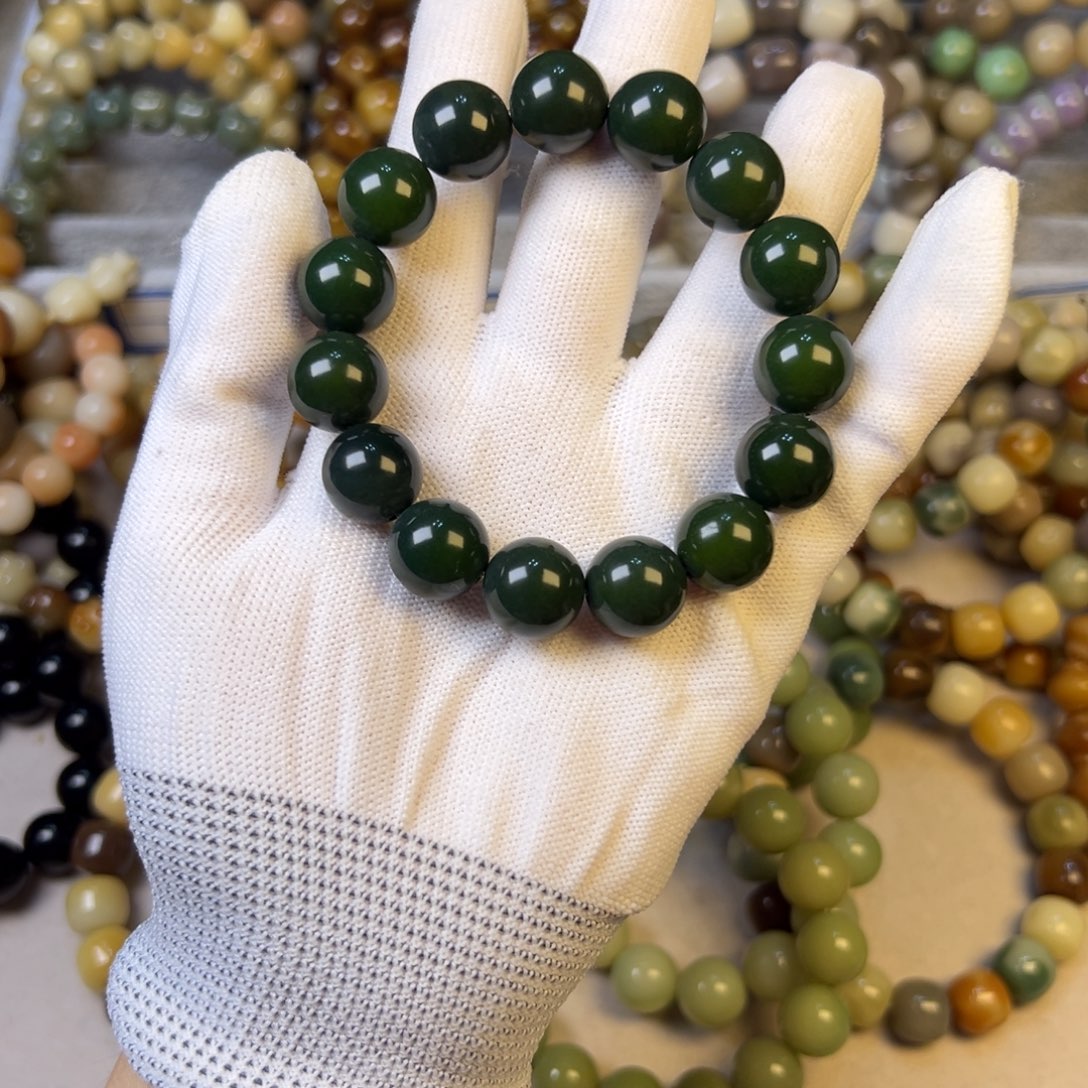 菩提根/象牙果手串墨绿圆珠卡14