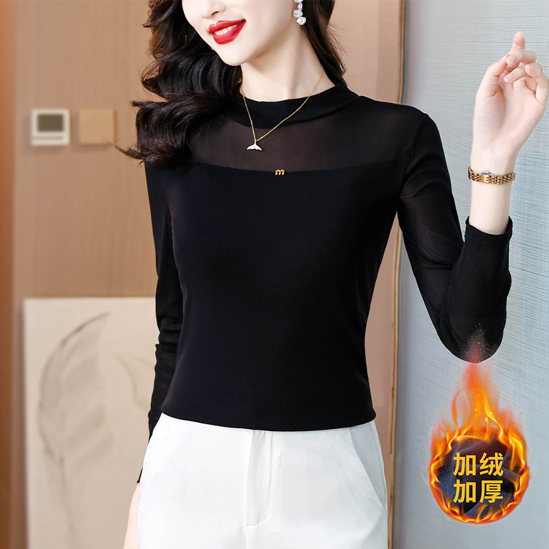 洋气网纱打底衫女2025新款气质修身加绒加厚T恤长袖保暖上衣弹力