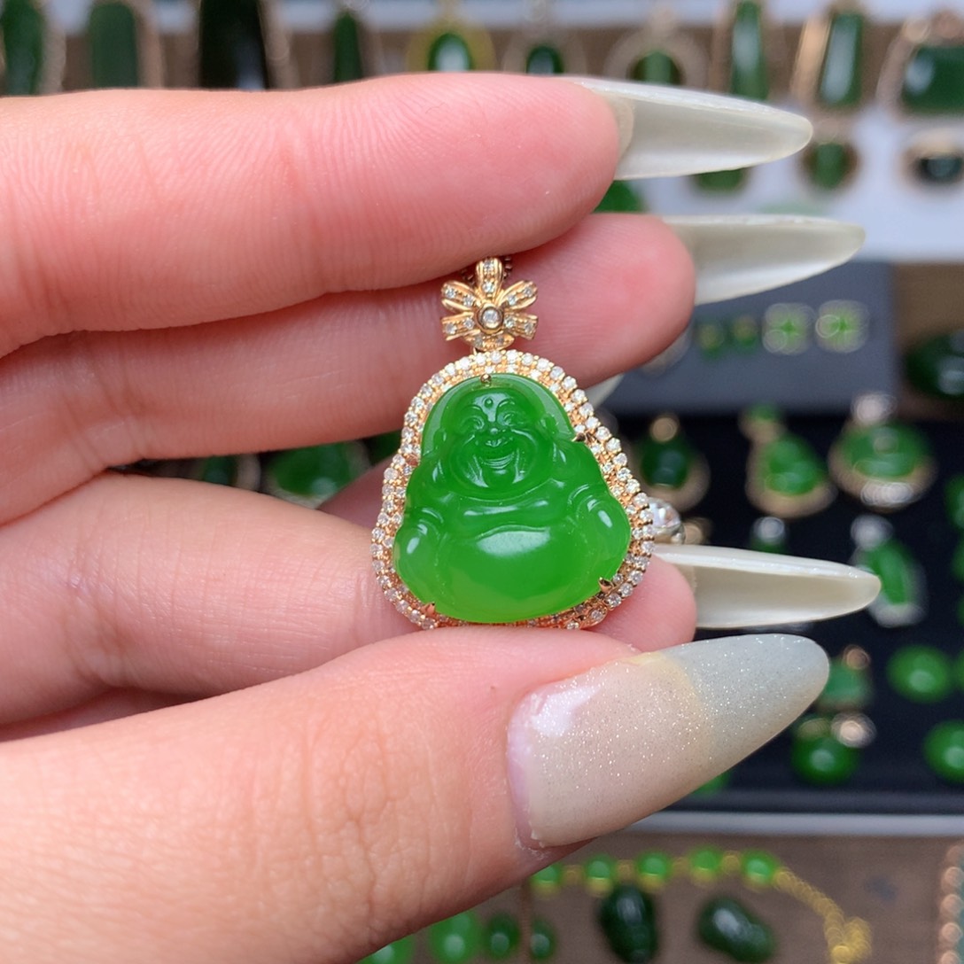 和田玉（碧玉）吊坠18K金镶嵌