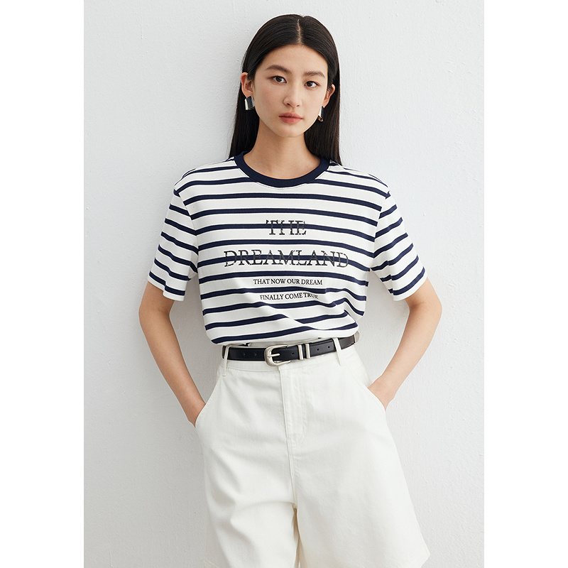 迪赛尼斯2025年夏季新款通勤百搭休闲印花纯棉圆领短袖条纹T恤女