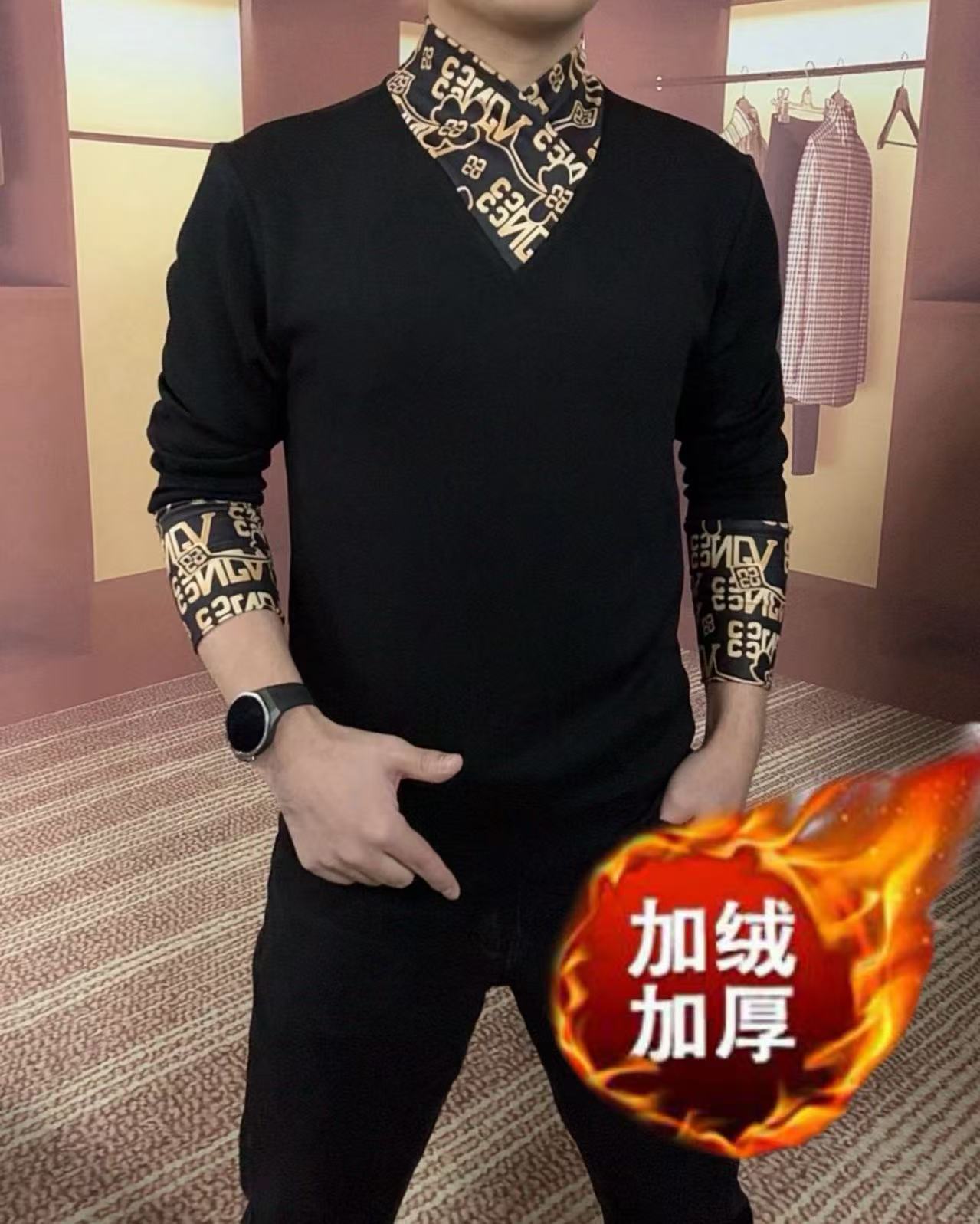 【格致男装】秋冬男士围巾领加绒长袖打底衫个性时尚定制卫衣男8805
