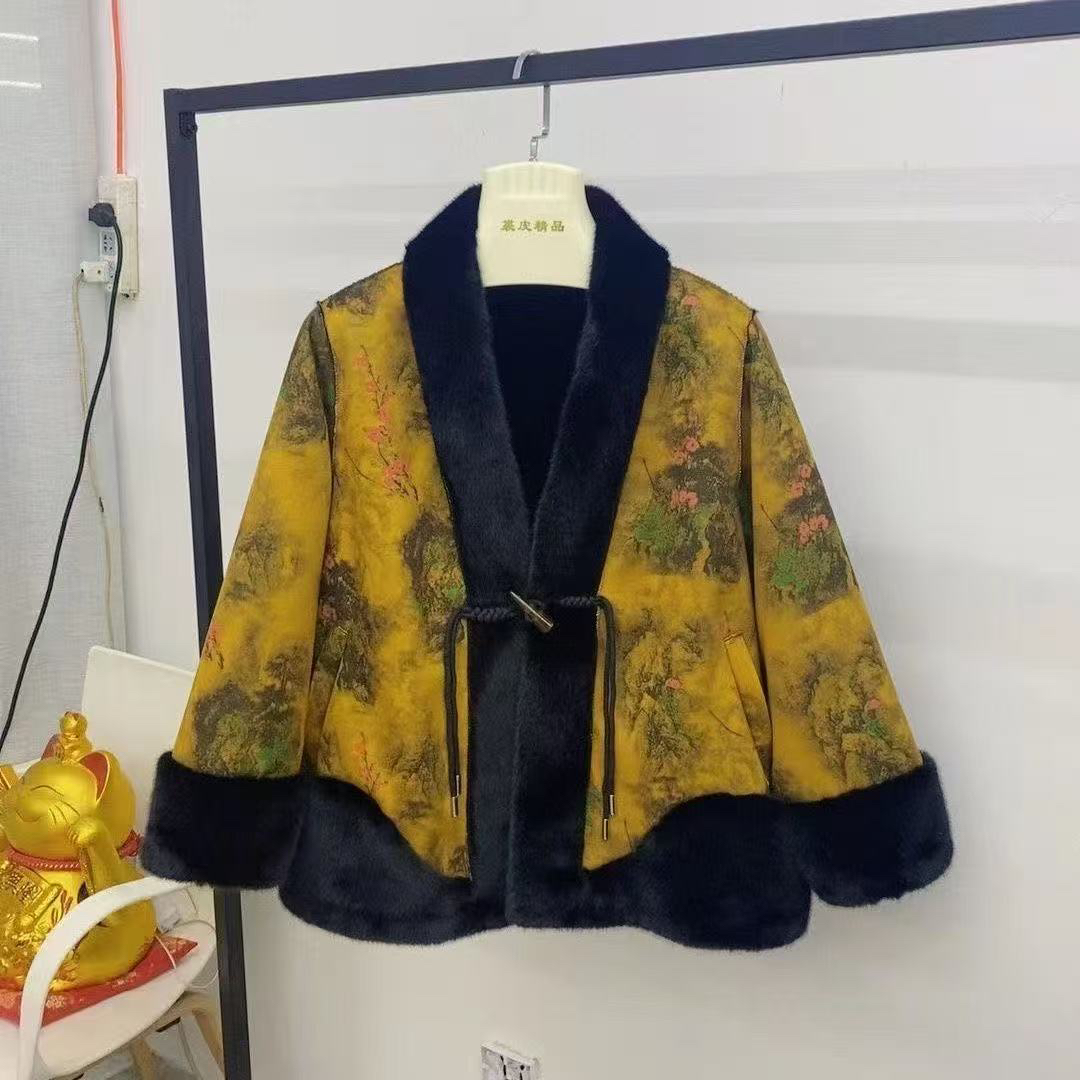新款妈妈款国风双面穿秋冬季新款V领貂绒外套加厚遮肉显瘦