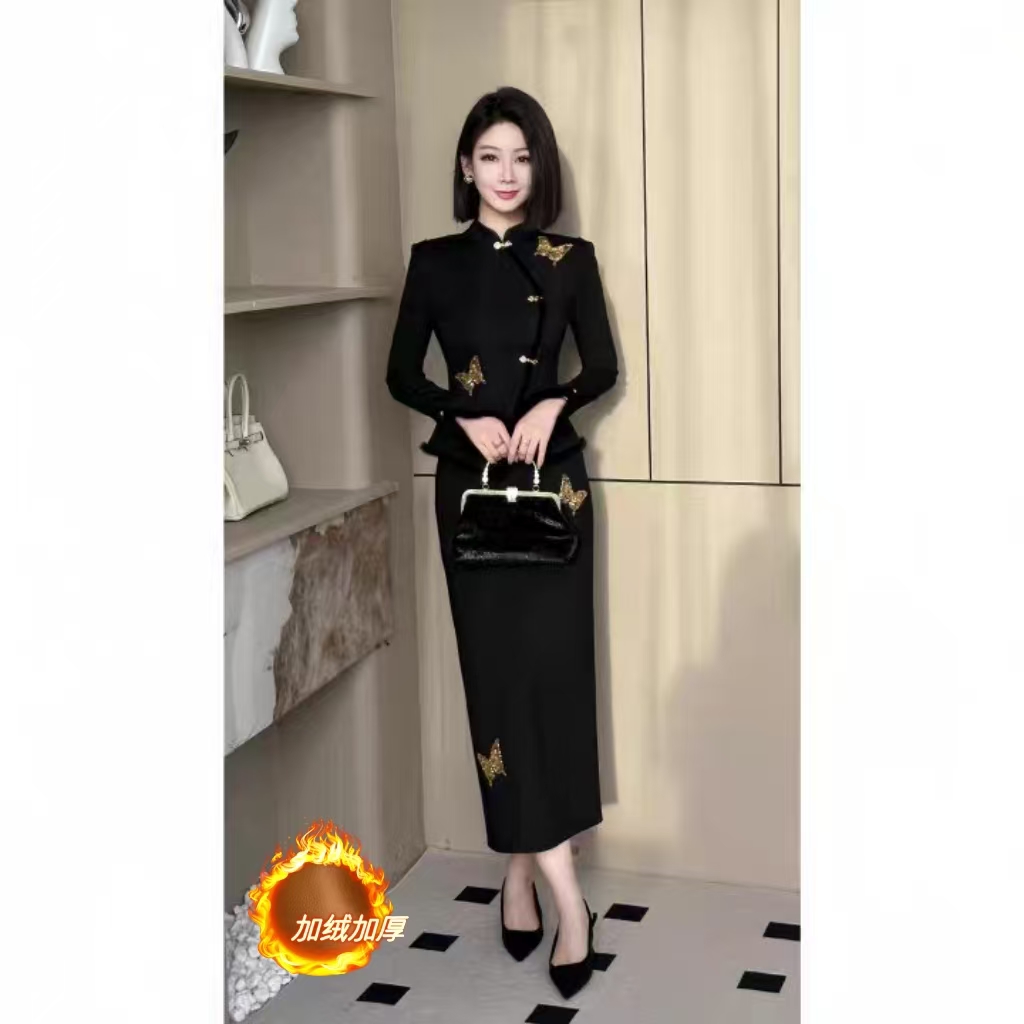 W526  冬季加绒加厚新中式国风套装小香风名媛气质裙子两件套