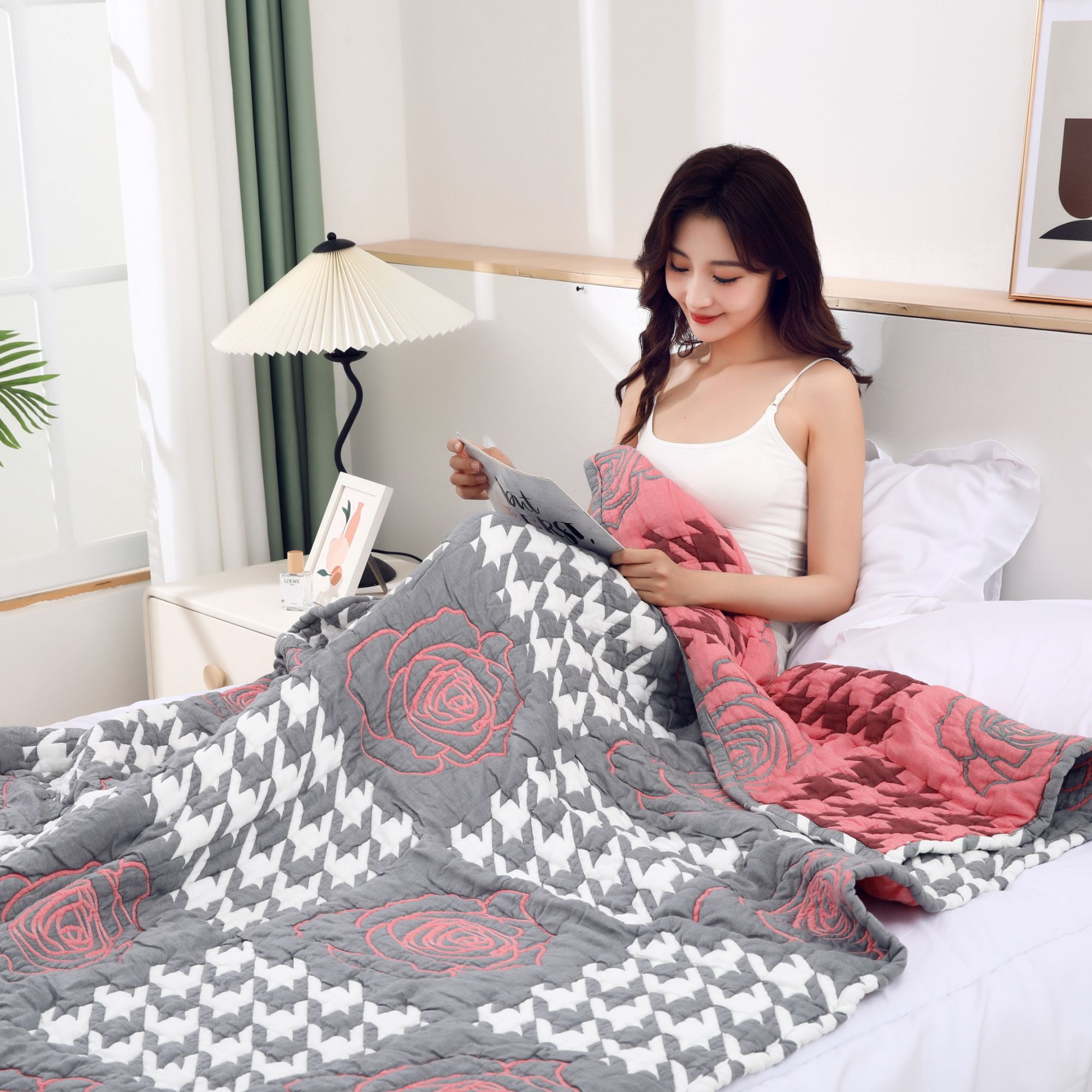 （千鸟格）粉200*210多功能轻奢超柔纱布多层春秋空调被泡芙被