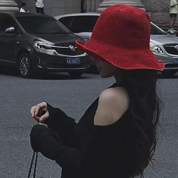 红色草帽女夏季大帽沿透气防晒渔夫帽可折叠出游百搭遮阳帽 25071