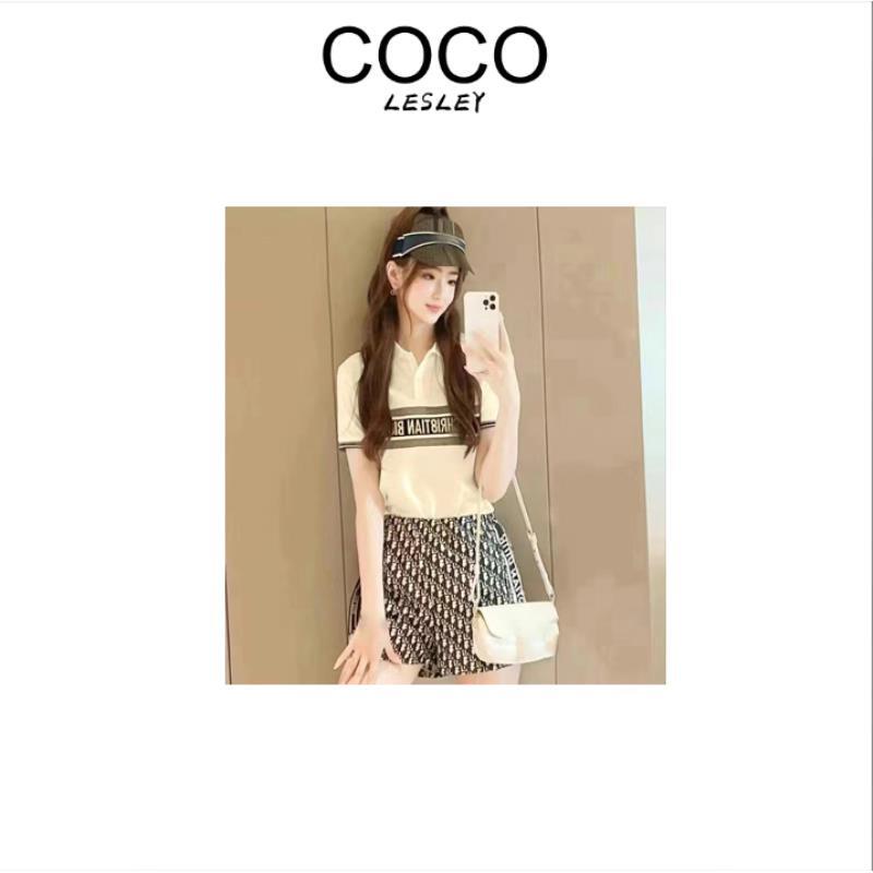 【COCO LESLEY】2件套夏季女短袖短裤宽松POLO领纽扣休闲套装女674