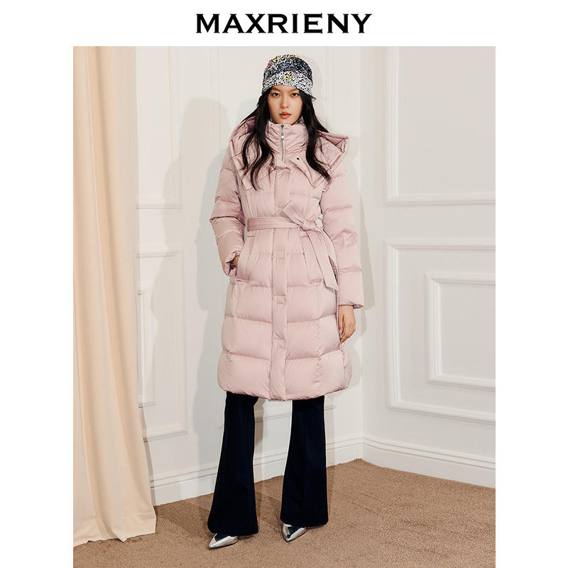 MAXRIENY浅藕粉真丝小米缎羽绒服25冬款过膝长款鸭绒保暖外套女