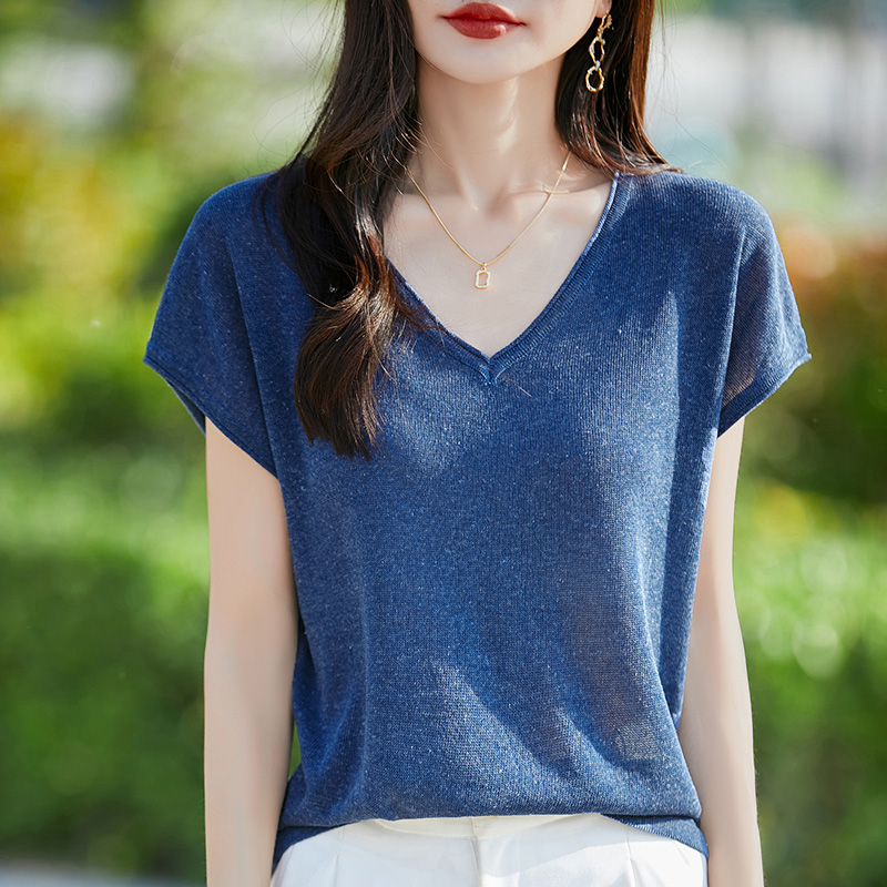 天丝亚麻 夏季百搭V领卷边短袖上衣女