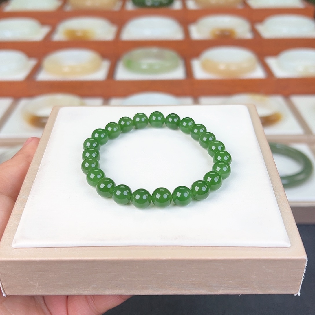 和田玉手串未镶嵌心**水碧玉