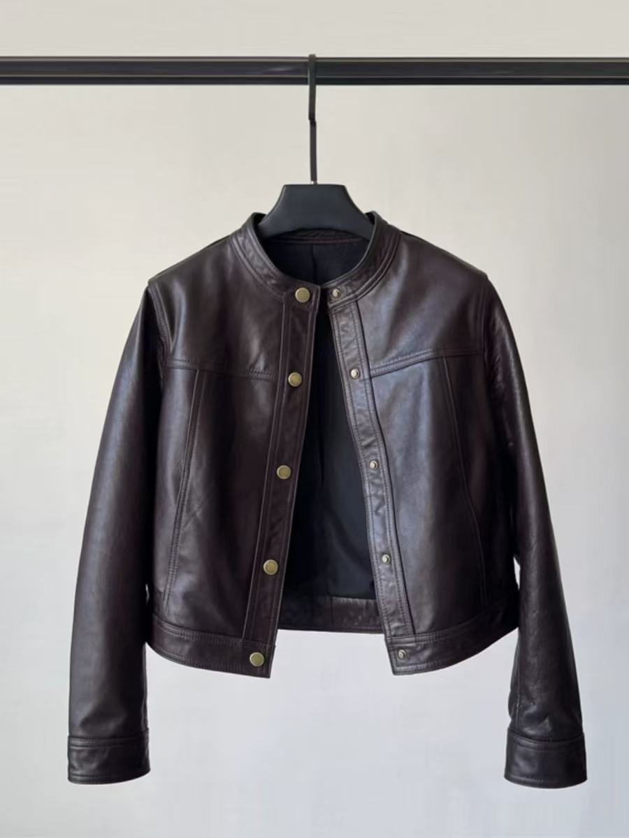 2025年春季绵羊皮油蜡皮新款真皮皮衣女短款单排扣立领外套
