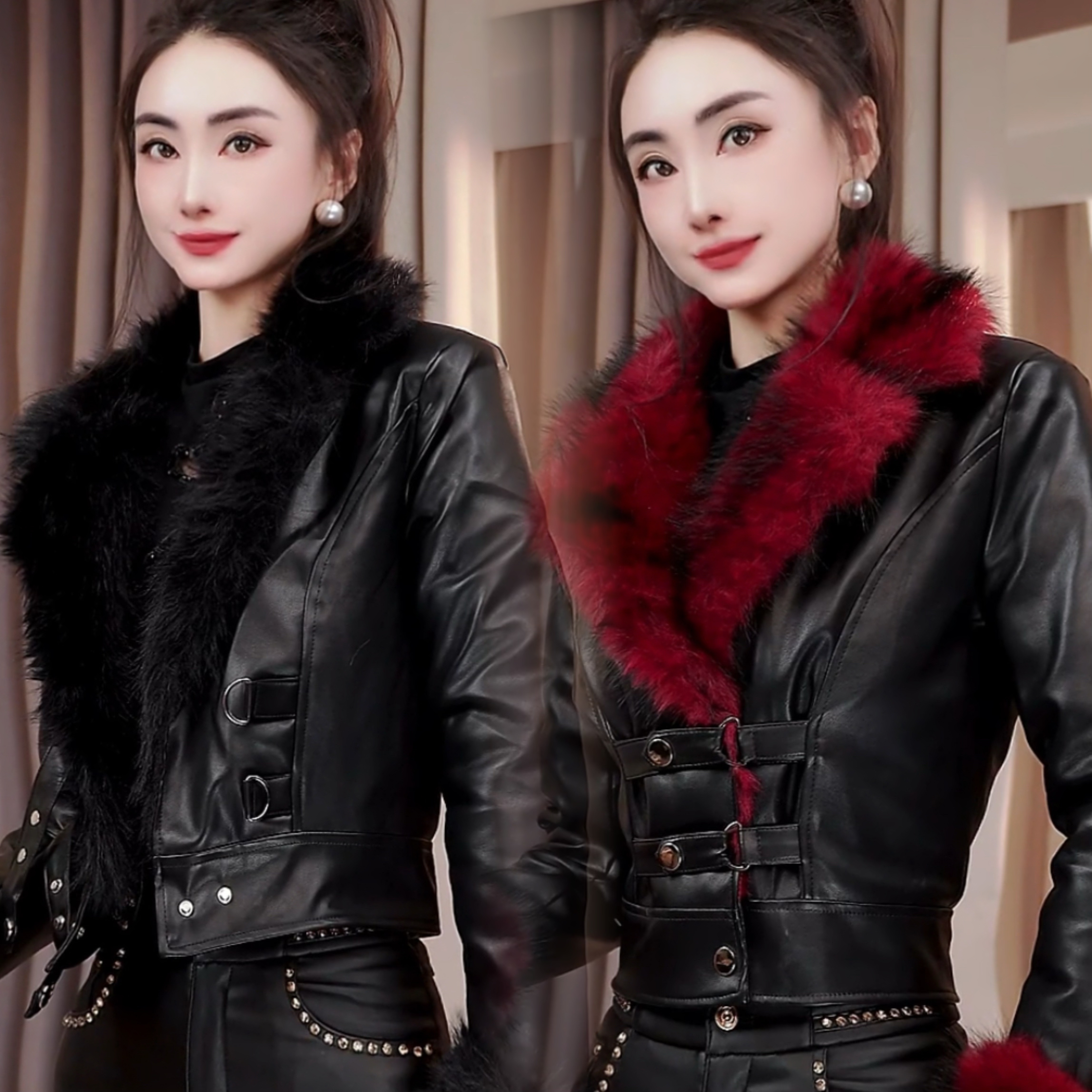 新款毛毛拼皮显瘦时尚收腰款加棉短款皮外套