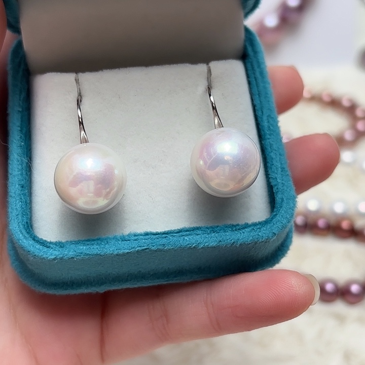银S925镶嵌耳饰淡水珍珠14-16冷白粉正圆微瑕