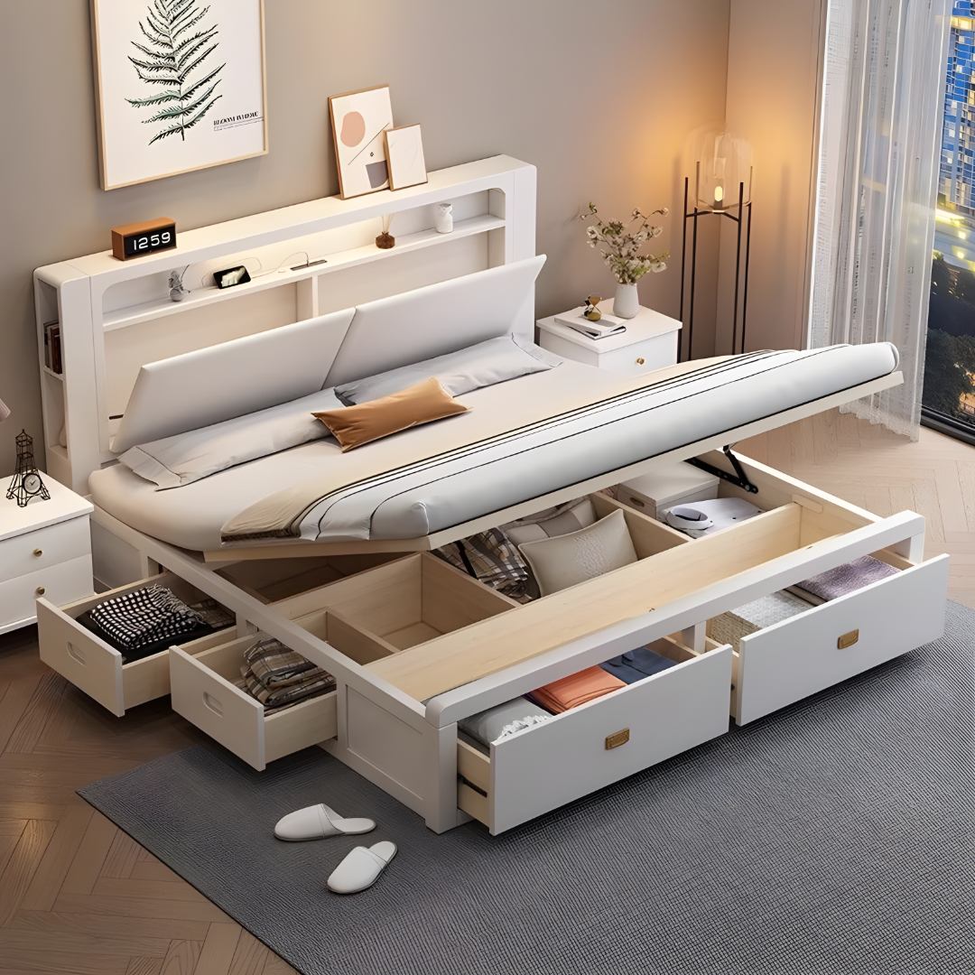 全实木储物床现代简约奶油风格1.8米1.5双人床主卧箱体收纳储物床