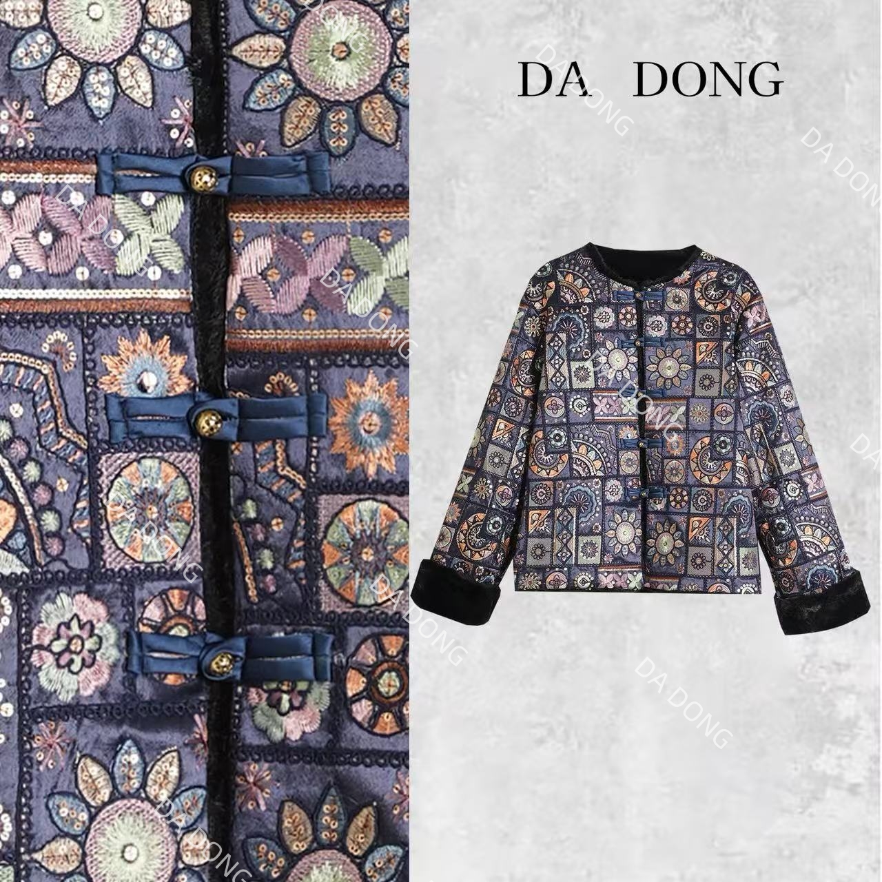 【加厚】蓝花花--新中式加棉设计师高定轻奢宽松休闲复古圆领国潮