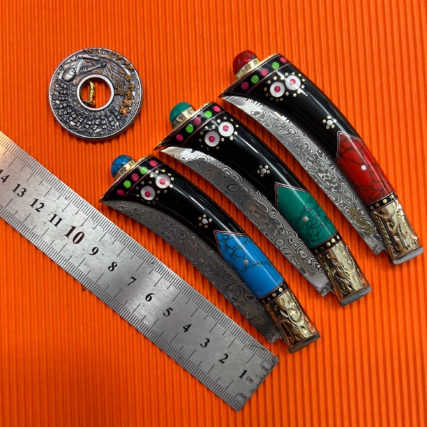 新疆英吉沙大马士革材质手工折叠小刀水果刀