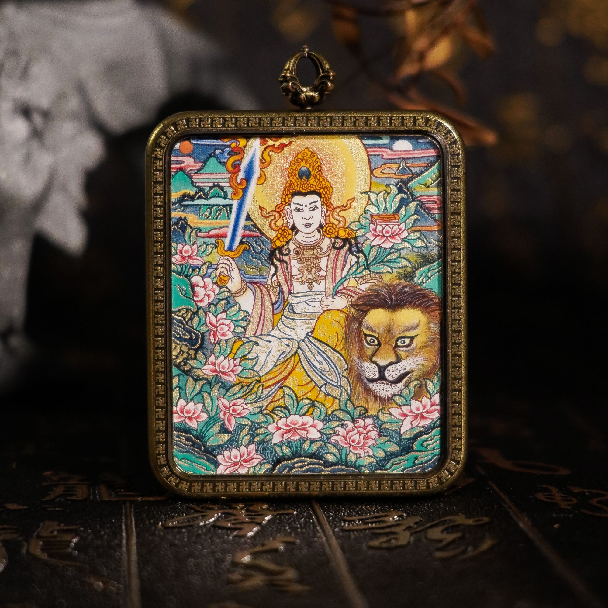 手绘唐卡 骑狮文殊 纯矿物质颜料热贡唐卡非物质文化