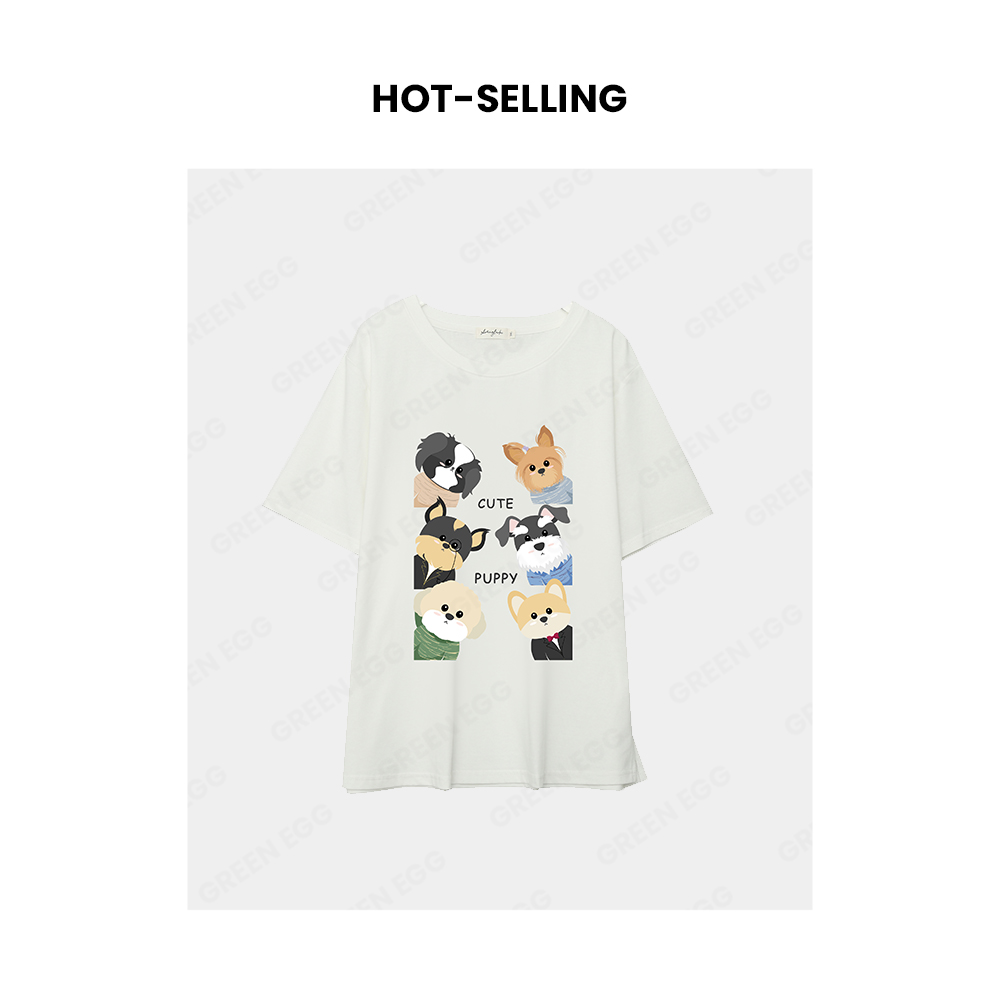 【年中大清清】MJ279女新款可爱狗狗设计感宽松洋气卡通印花T恤上衣