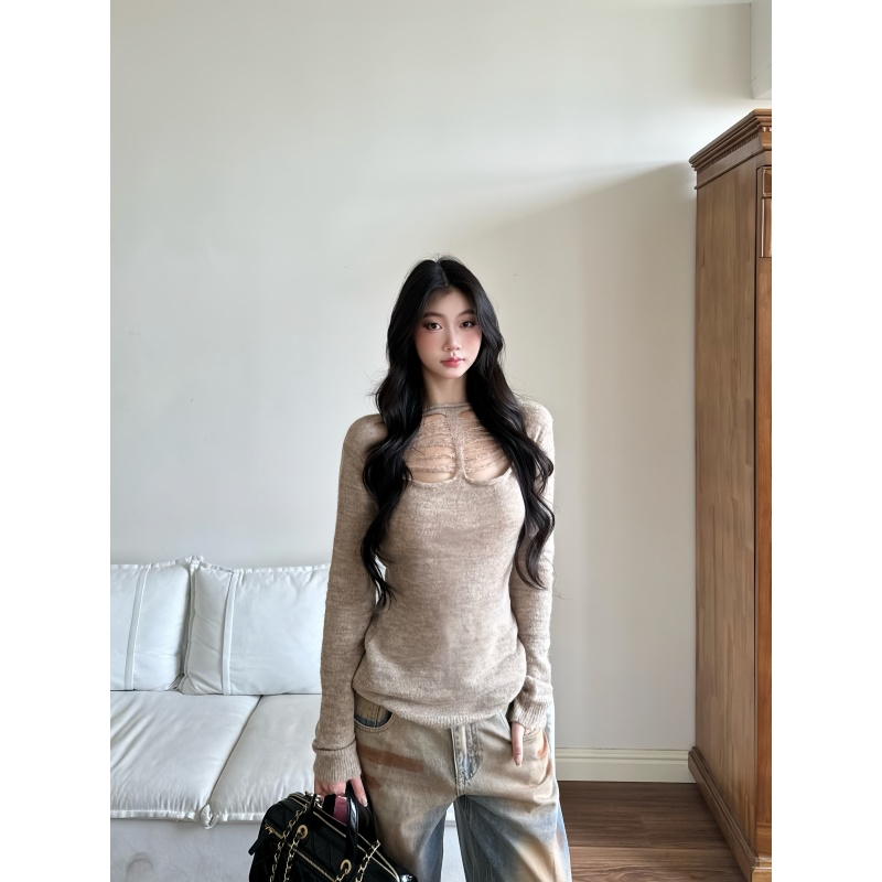 withmin凉皮 秋冬辣妹镂空设计收腰显瘦针织长袖上衣J2600519