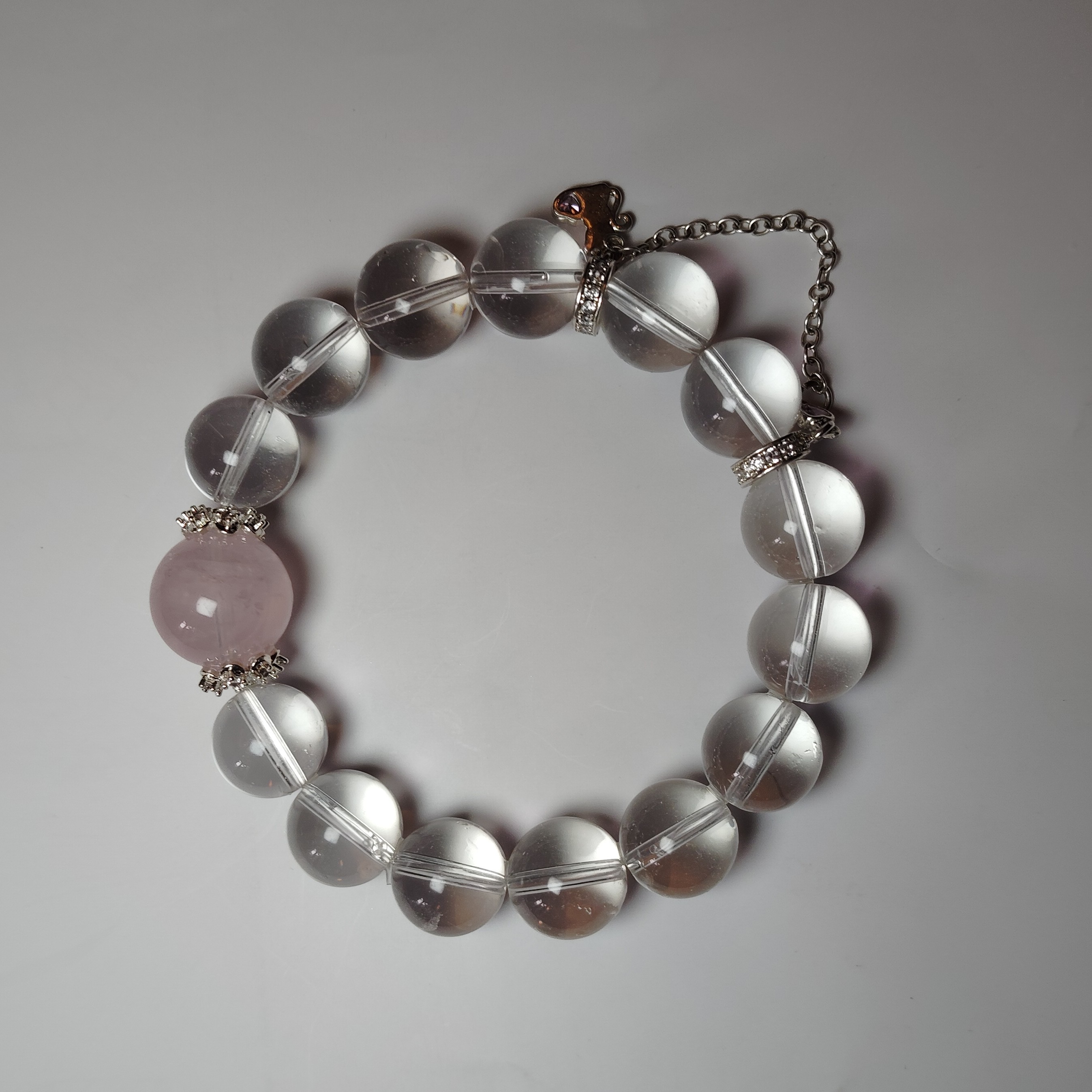 天然12mm双A白水晶＋顶珠14mm粉水晶单圈手串