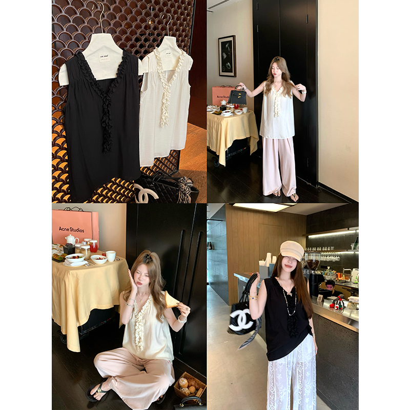 LUU桃喜儿/无袖木耳边V领吊带背心女夏设计感小众百搭外穿上衣