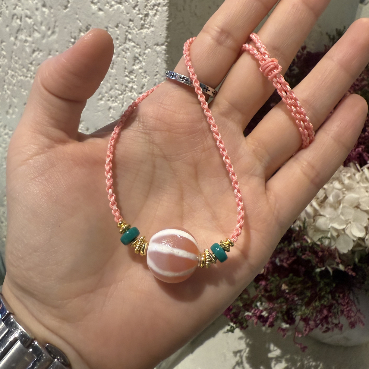 西亚老玛瑙粉糯瓜珠锁骨链直径17.4mm