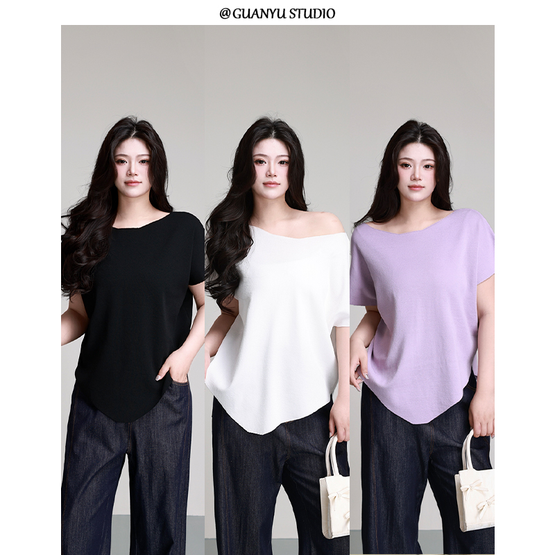 LX【邂逅优雅】蛋妹大码女装微胖mm显瘦遮肚子短袖T恤上衣DM26806