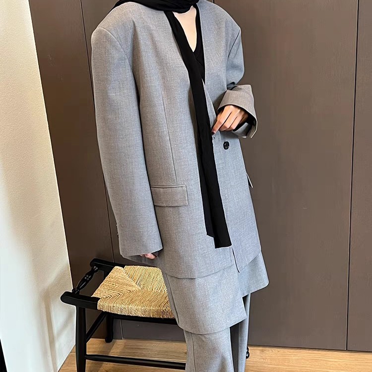 [新品]YOEYYOU设计师品牌春夏廓肩无领西装外套