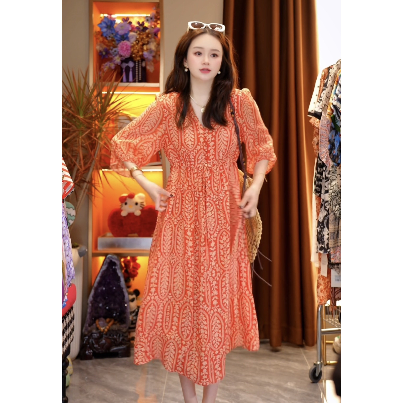 【深圳南油】【S525】真丝双绉桑蚕丝橘红腰果花桑蚕丝女装连衣裙