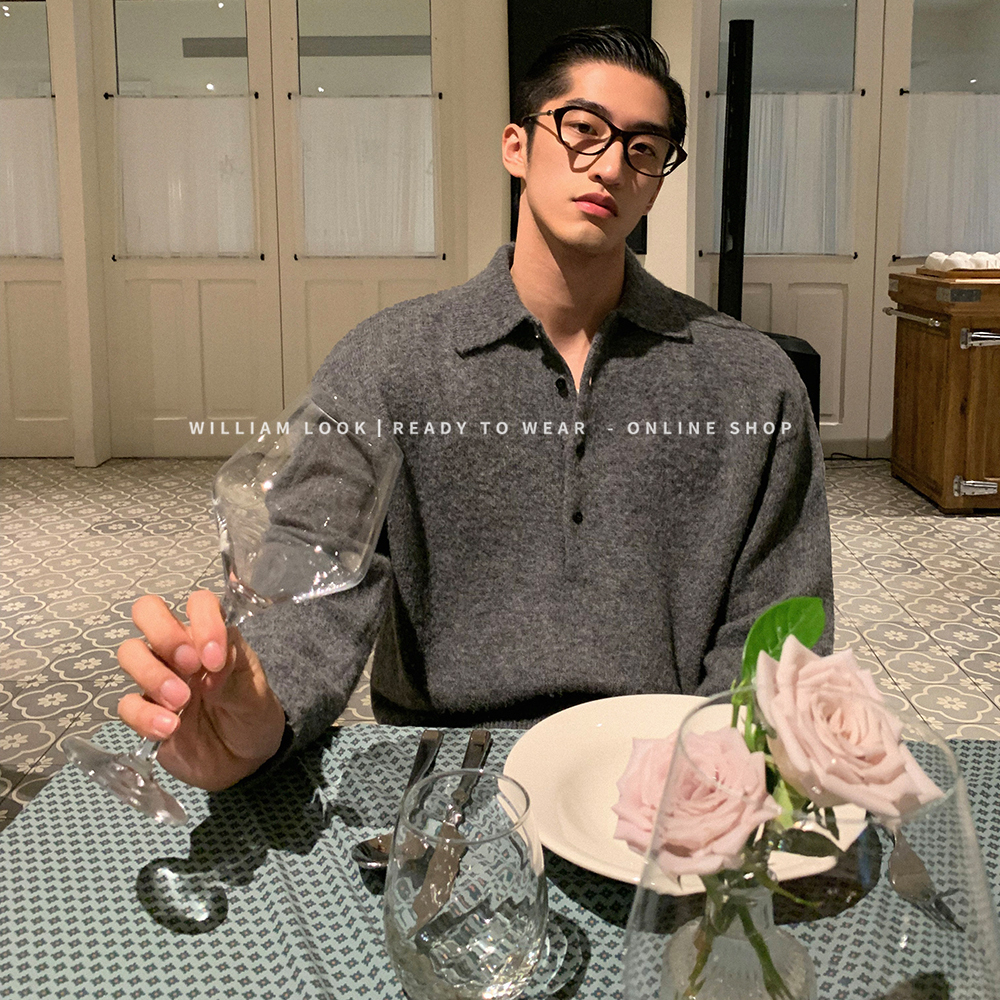 威廉威进口机抓毛感 翻领套头美丽奴毛衣/ROW灰色系/时装绒感V491