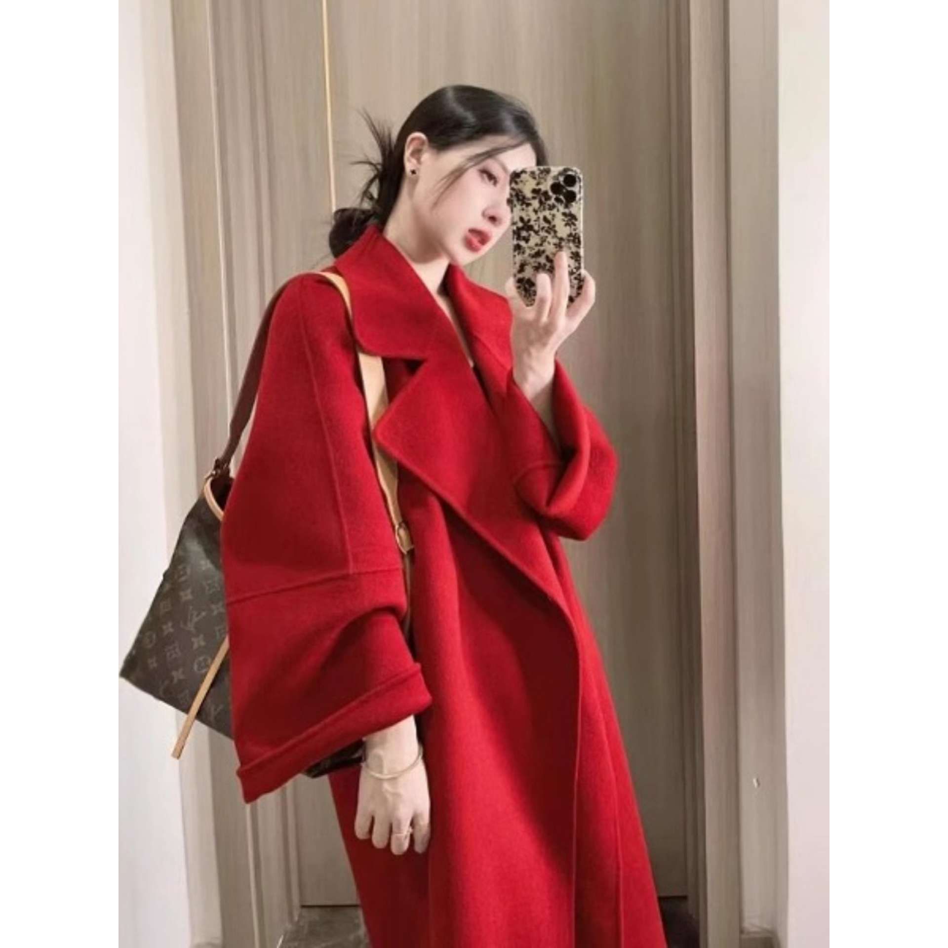 红色结婚新娘双面羊绒大衣女中长款2025冬季新款小个子羊毛呢外套