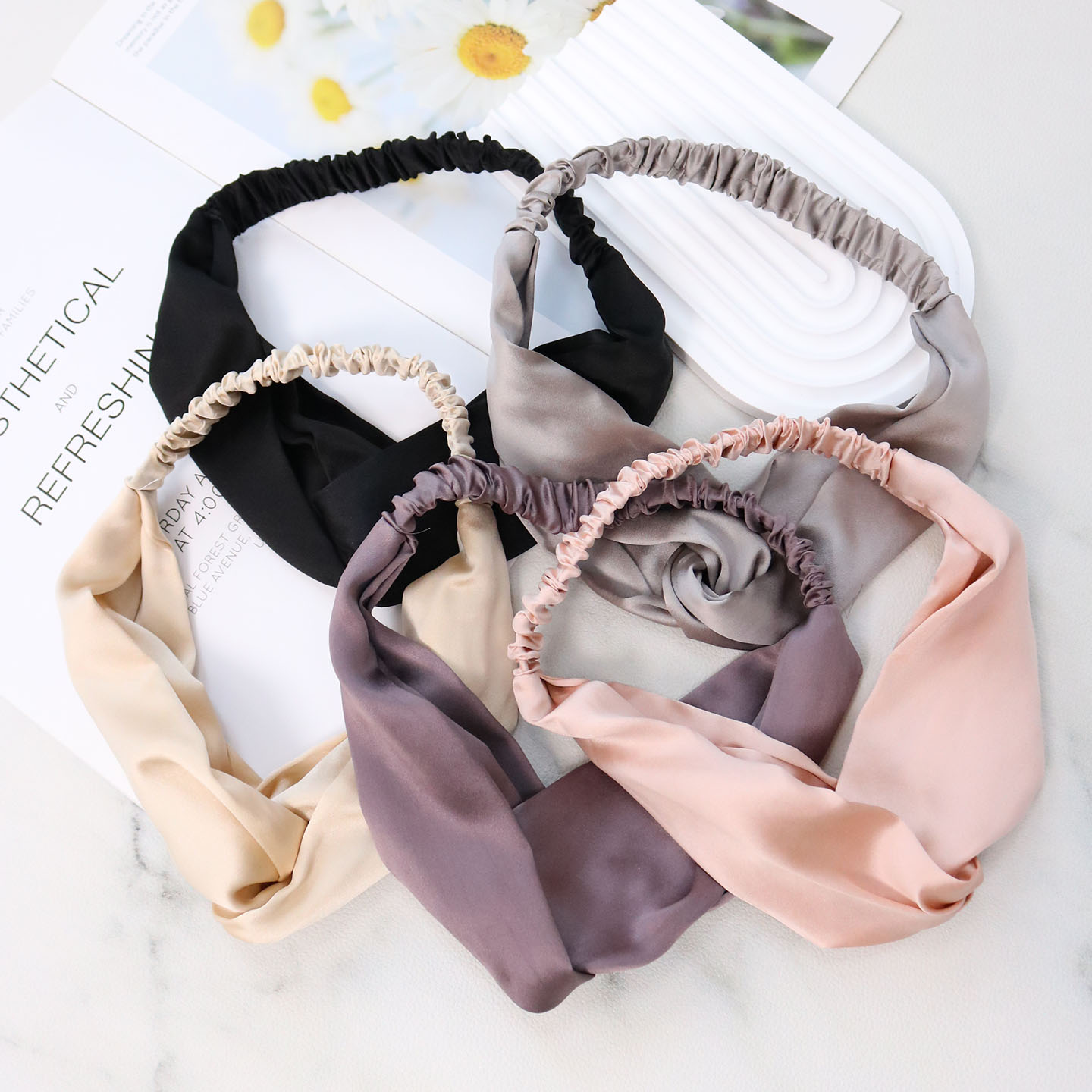 桑蚕丝交叉时尚发带 19姆米真丝素绉缎高弹力多色发带04S082