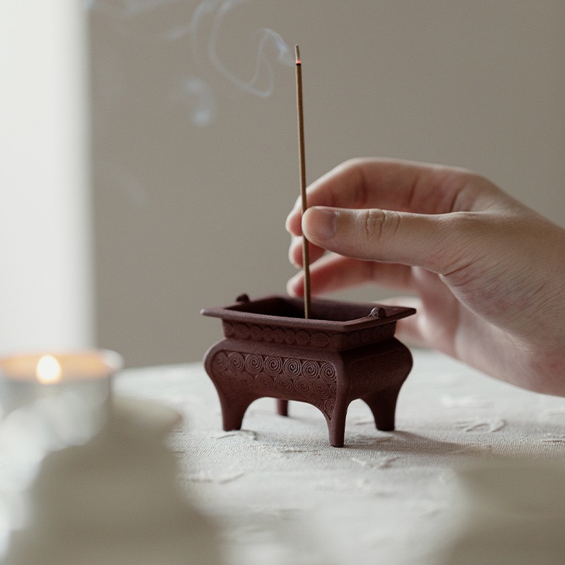 古风粗陶四足小鼎香炉家用禅意茶道香插摆件