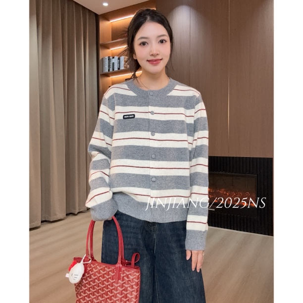 ROUSI【撞色细条】秋季羊毛条纹刺绣宽松复古女长袖针织圆领针织衫