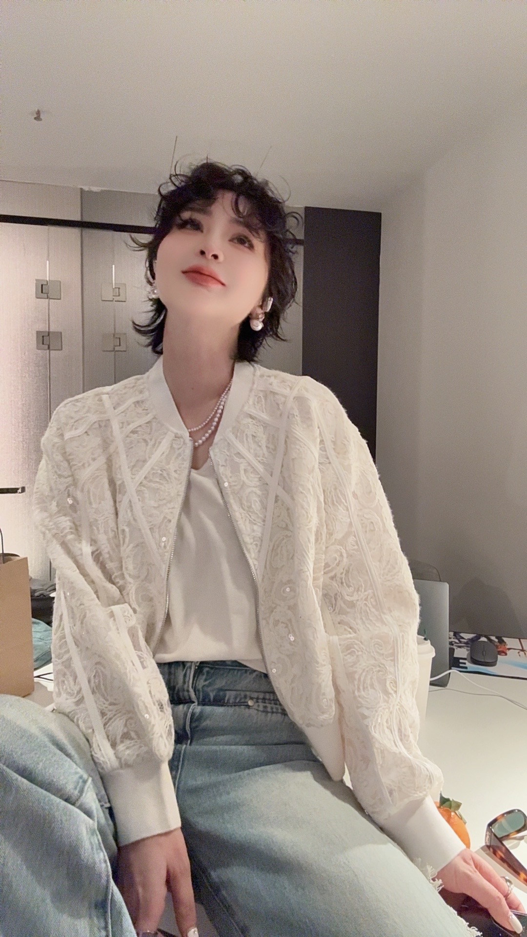 FANYE 2025春夏新款设计感小立领微透蕾丝亮片外套250259